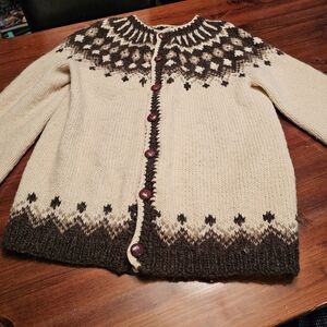 Handknit Icelandic Nordic Women's Cream and Brown Patterned Sweater